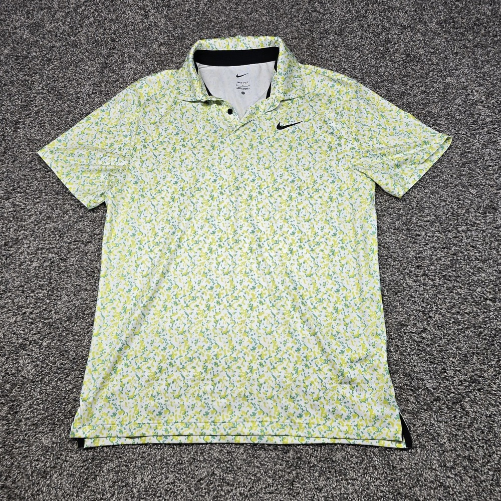 Nike Dri-Fit Tour Micro Camo Print Golf Polo Shirt Men Size Medium Yellow